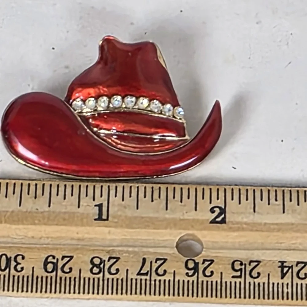 Vintage Western Red Cowboy Hat Brooch Pin  Rhinestones Red Hat Society lot 3 ear